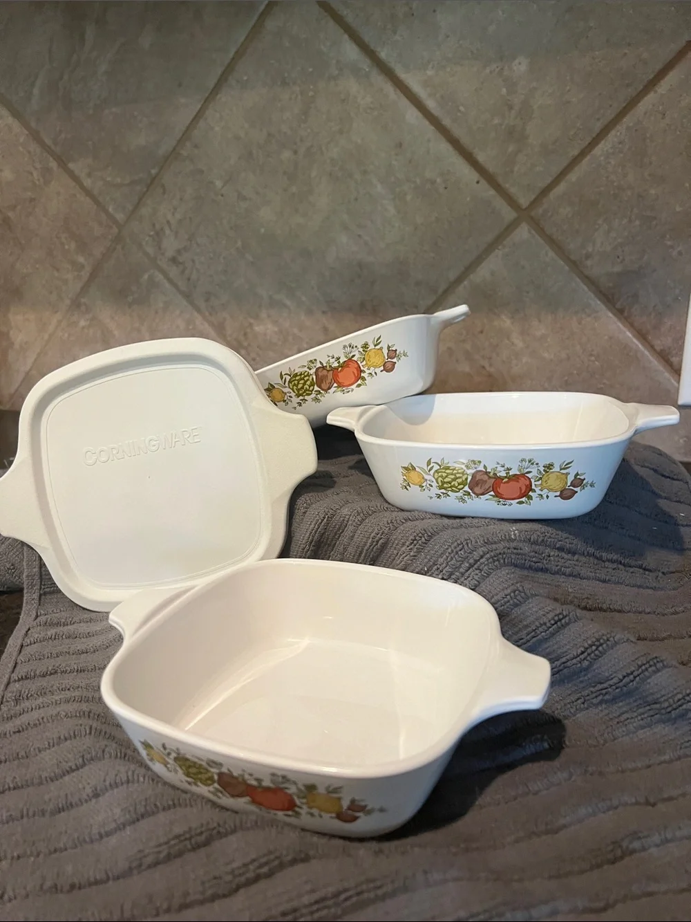 3 Corningware White “Spice of life” petite square Casserole Set.